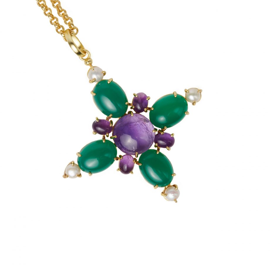 Amethyst and Green Onyx Pendant, four cultured pearls at the end of each side