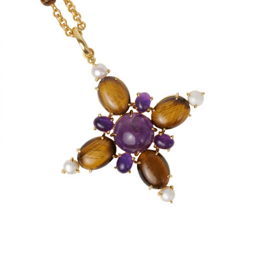 Amethyst and Tiger Eye Pendant, four cultured pearls at the end of each side