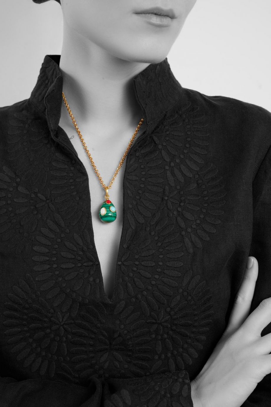 Malachite Egg with Turquoise, White Quartz and Ceramic Coral