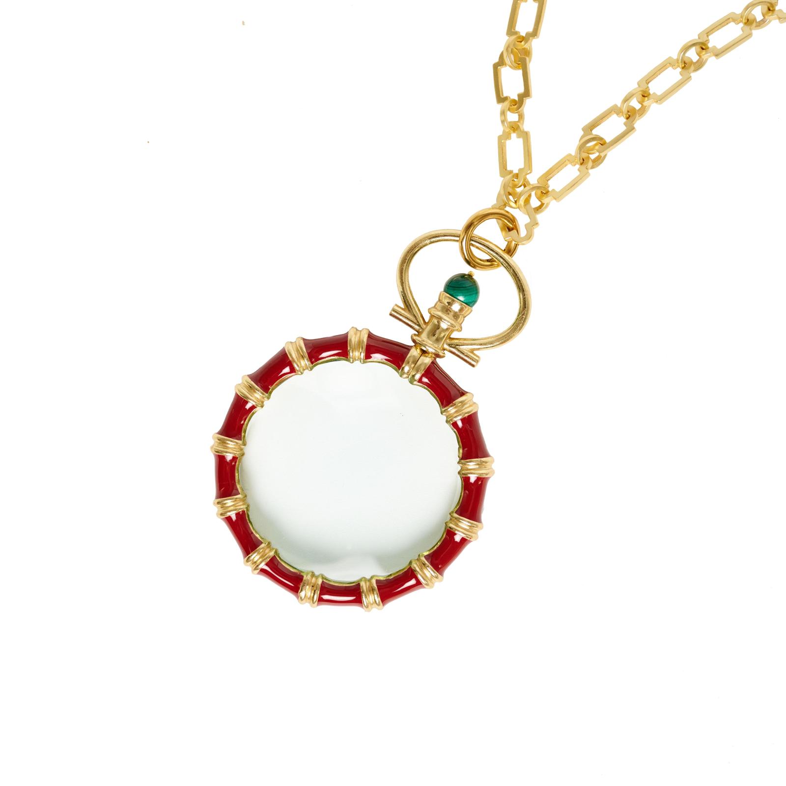 Magnifying glass pendant in bamboo design in Burgundy