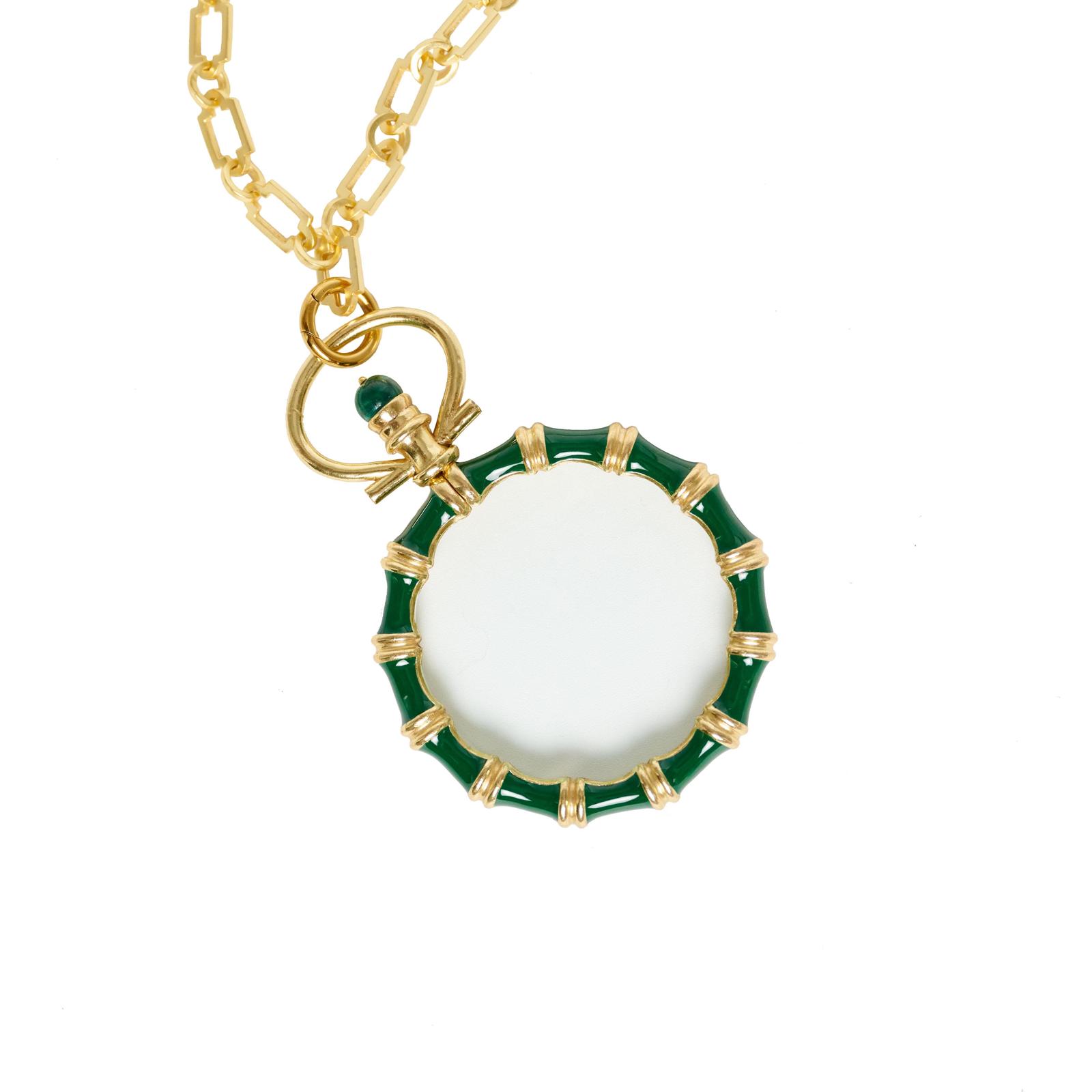 Magnifying glass pendant in bamboo design in English Green