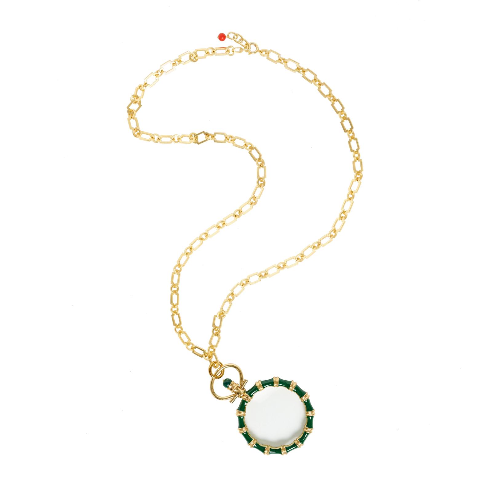 Magnifying glass pendant in bamboo design in English Green