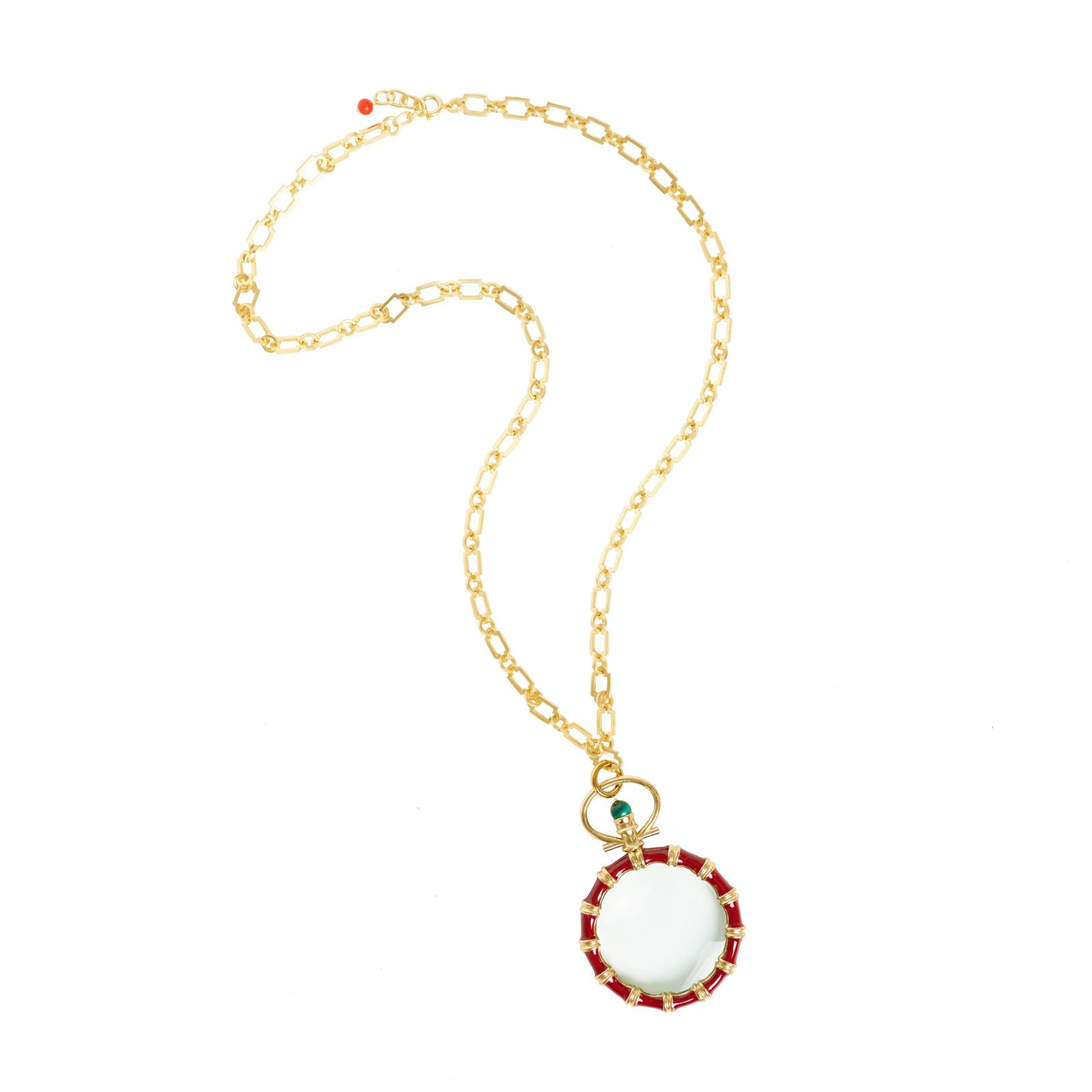 Magnifying glass pendant in bamboo design in Burgundy